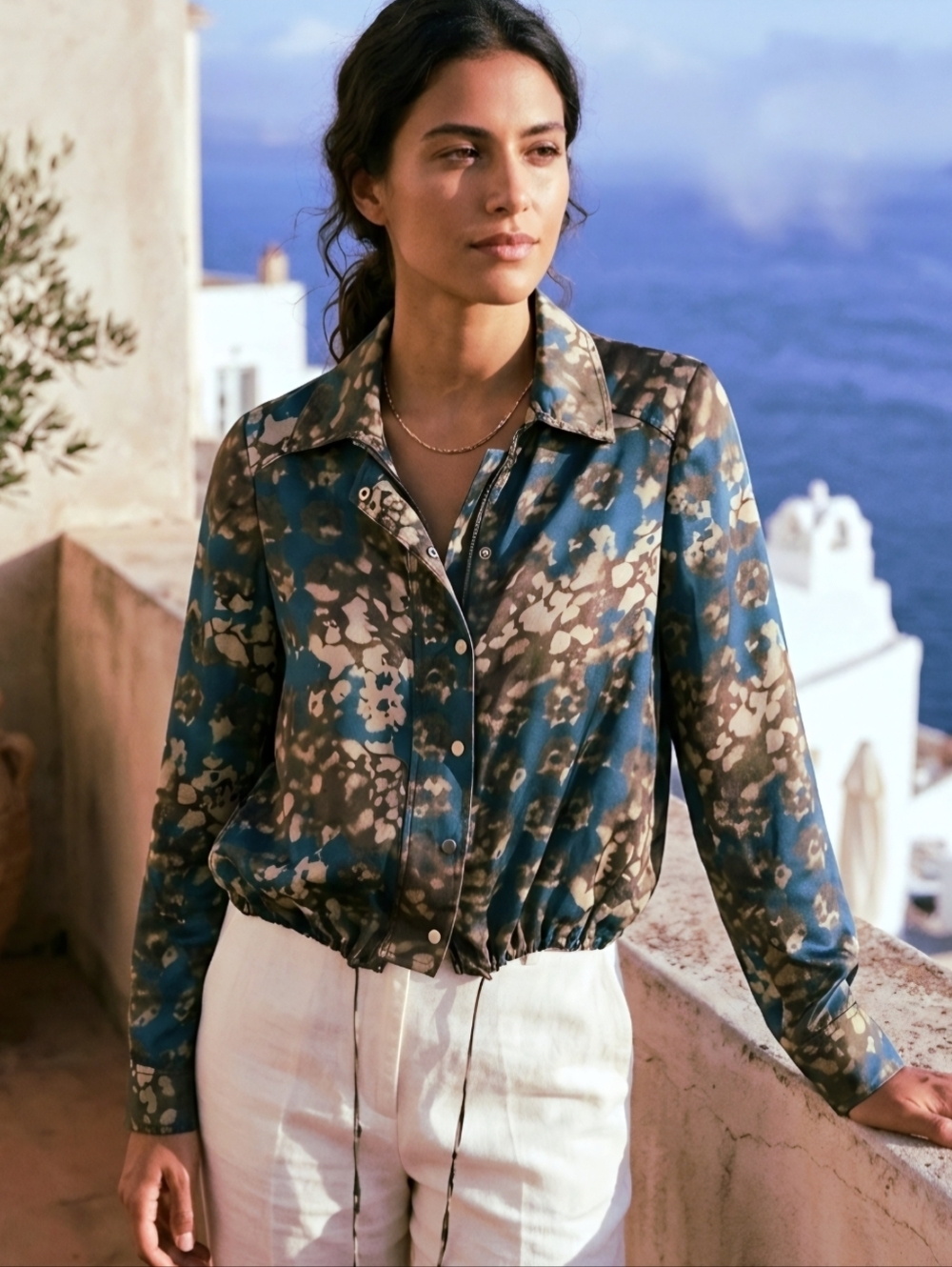 100% Silk Drawstring Jacket - Teal & Brown Earth Tones. Abstract Impressionism